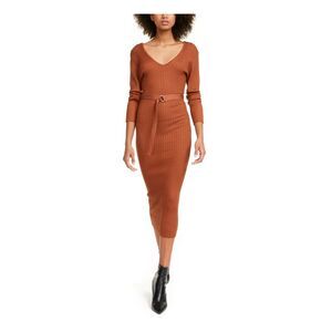 ALMOST FAMOUS Womens Midi Dress Brown Belted Long Sleeve V-back Juniors M